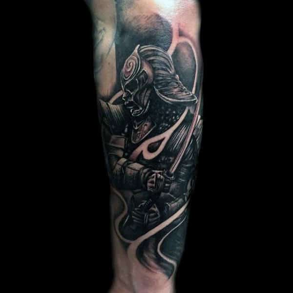 Man With Samurai In Battle Stance Half Sleeve Tattoo