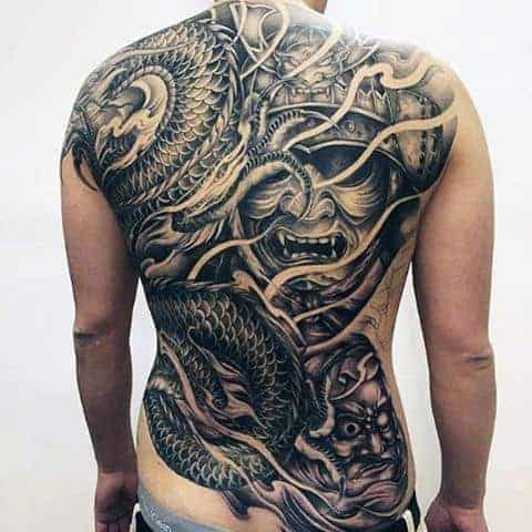 man-with-samurai-mask-and-coiled-snake-full-back-tattoo