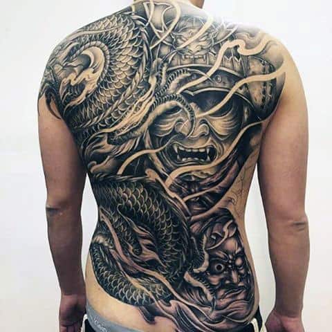 Man With Samurai Mask And Coiled Snake Full Back Tattoo
