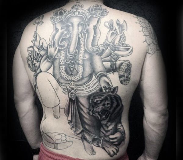 Man With Shaded Ganesh Tattoo Designs On Back
