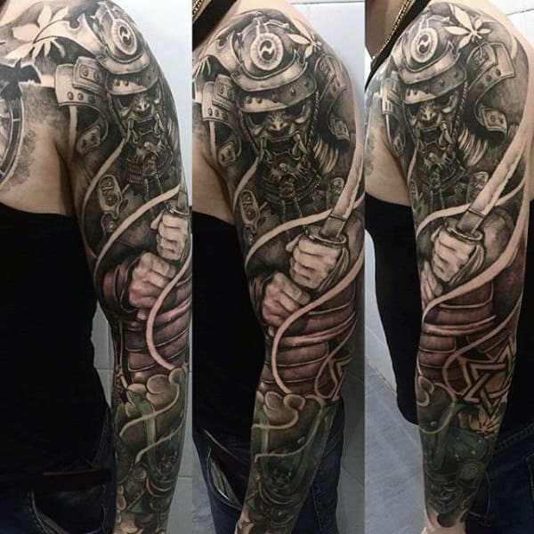 Man With Shaded Samurai Charging Tattoo Full Sleeve