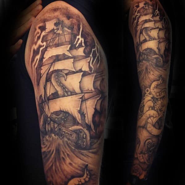 Man With Shaded Ship Sailing Through Storm Kraken Full Sleeve Tattoo