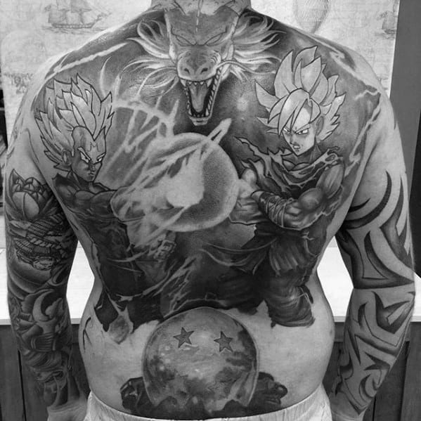 Man With Shaded Vegeta Dragon Full Back Tattoo