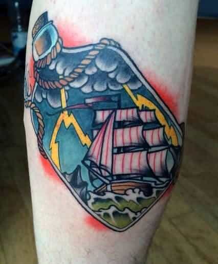 Man With Ship In A Bottle Tattoo On Leg