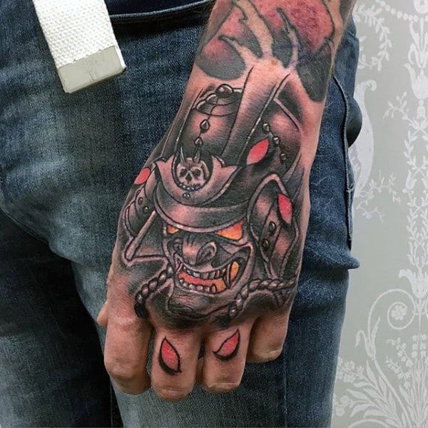 Man With Simple Grining Samurai Mask Hand Tattooo