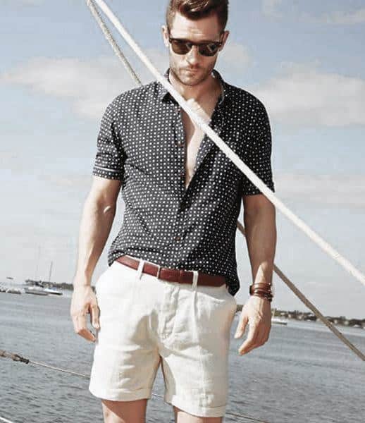 Man With Summer Outfits Fashionable Style Look Pattern Navy Shirt With White Shorts