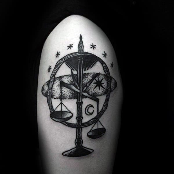 Man With Sun And Moon Libra Tattoo On Upper Arms