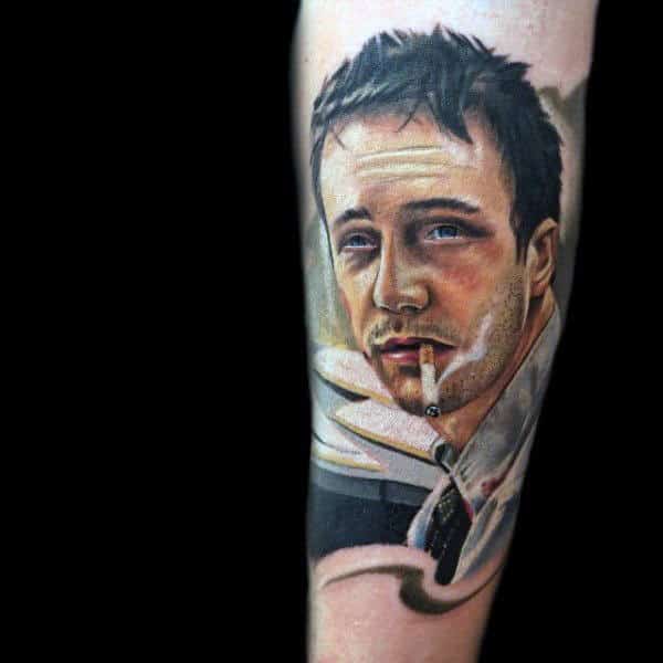 Man With Tattoo Of Tyler Durden In Fight Club On Inner Forearm