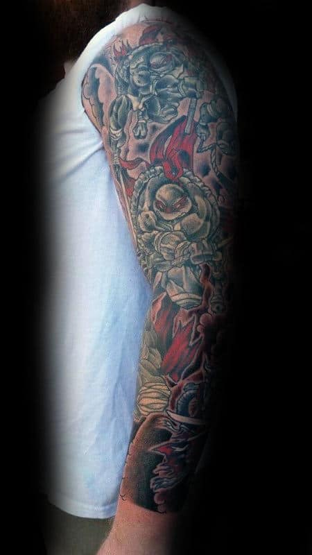Man With Teenage Mutant Ninja Turtles Full Sleeve Tattoo Design
