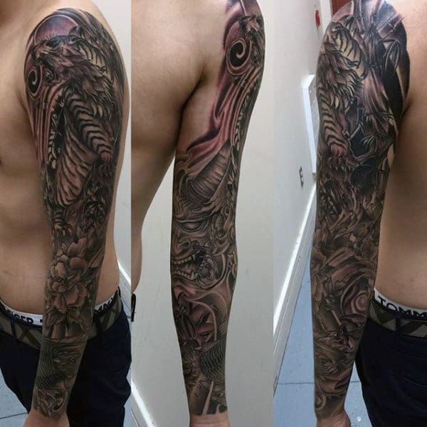 Man With Tiger Hannya Mask Sleeve Tattoo Design