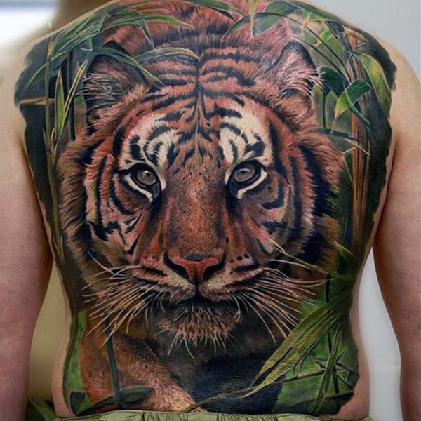 Man With Tiger Jungle Animal Back Tattoo