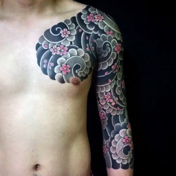 Man With Traditional Cherry Blossom Cloud Tattoo Sleeve