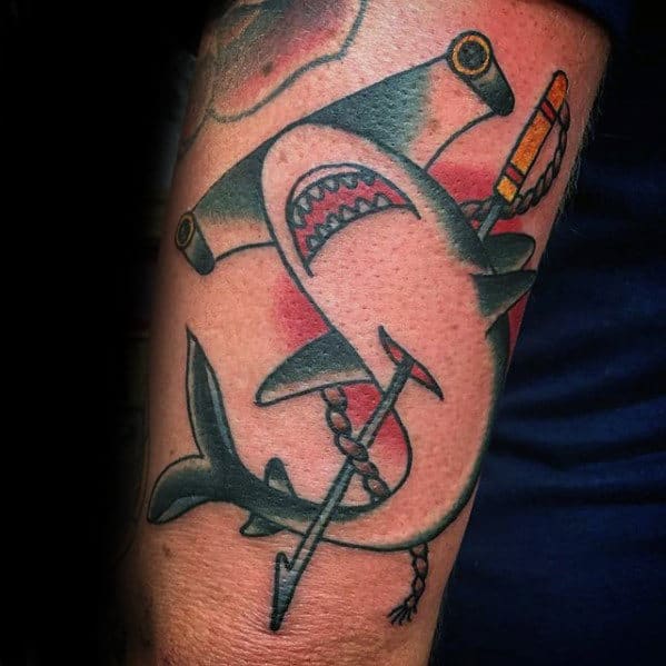 Man With Traditional Hammerhead Shark Spear Tricep Tattoo