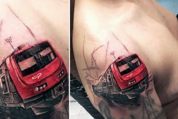 Man With Train Red Baggage Car Tattoos On Shoulder