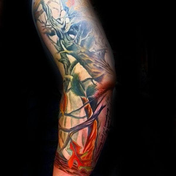 Man With Tree Camo Arm Tattoo Sleeve