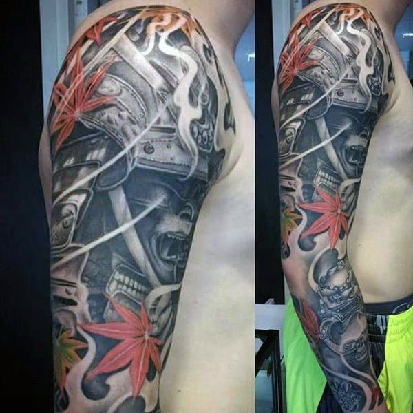 Man With Tri Colour Samurai Mask Shadeed Full Sleeve Tattoo
