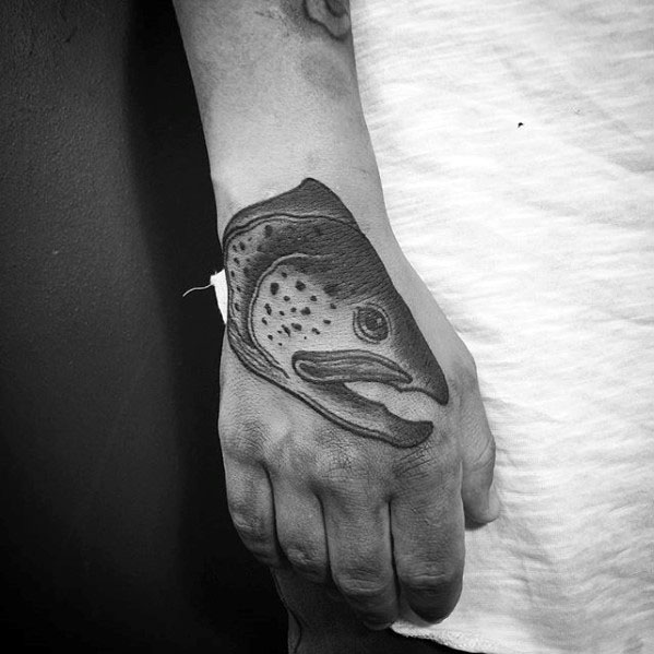 Man With Trout Fish Head Hand Tattoo
