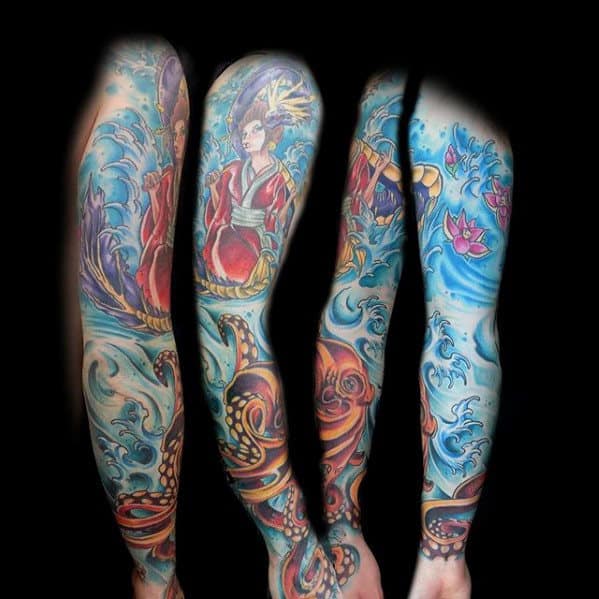 Man With Underwater Japanese Octopus Sleeve Tattoo Design