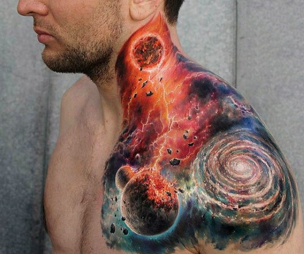 Man With Universe Tattoo On Neck And Shoulder