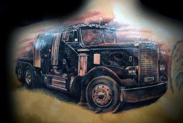 Man With Upper Back Semi Truck Tattoos
