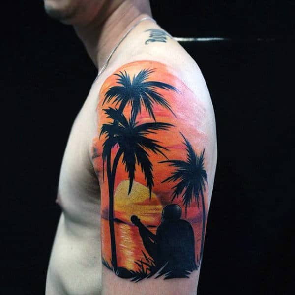 Beach sunset tattoo  palm trees  realistic tattoo  Sunset tattoos Beach  tattoo Palm tattoos