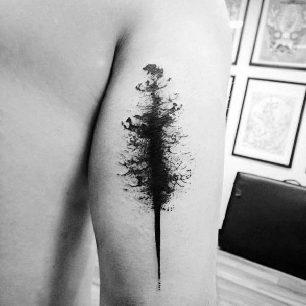 Man With Watercolor Black Ink Tree Back Of Arm Tattoo
