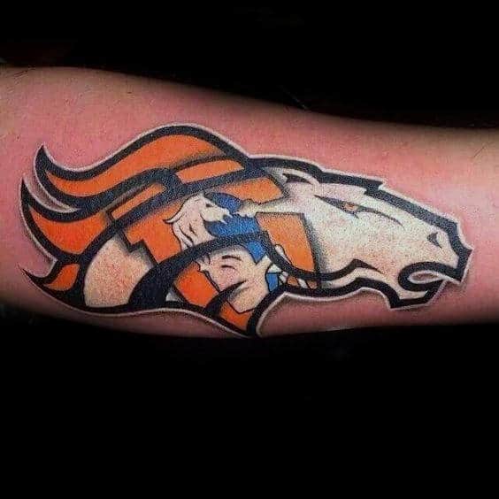 Man With White Blue And Orange Ink Denver Broncos Forearm Tattoo