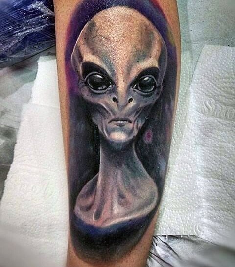 Man With White Ink Realistic Alien Arm Tattoo