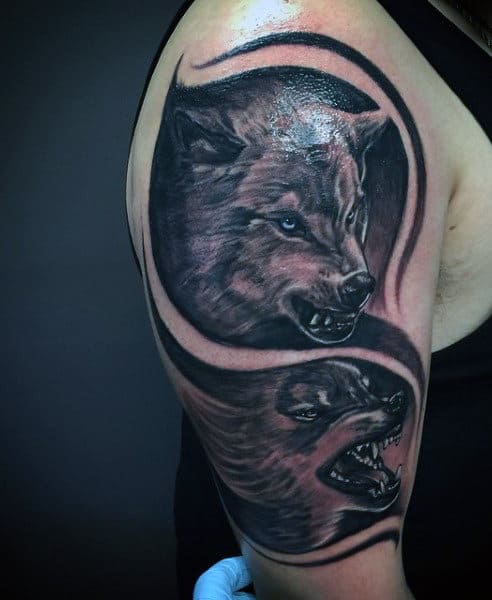 Man With Wolf Howling At The Moon Tattoo