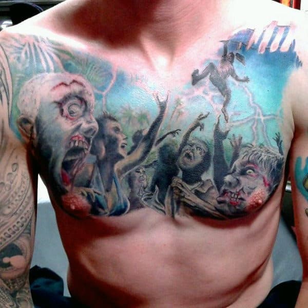 Man With Zombie Apocalypse Chest Tattoo