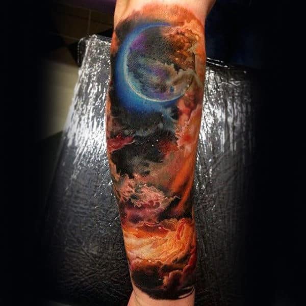 Man Withclouds Sky Moon Tattoo On Forearm