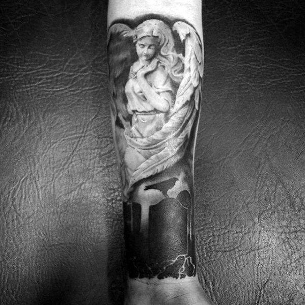 Manly Angel Statue Tattoo Design Ideas For Men On Forearm