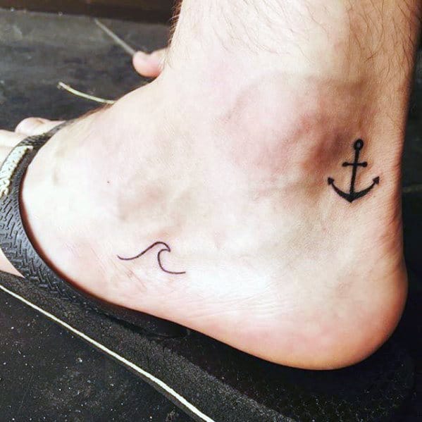 Manly Ankle Tattoo Anchor With Wave Design Ideas For Men
