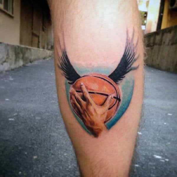 Manly Basketball With Wings Tattoos For Men On Leg Calf