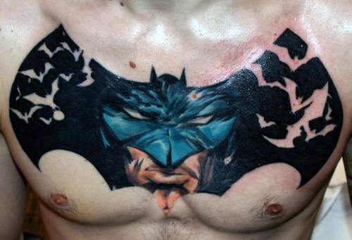 Manly Batman Symbol Chest Mens Black Ink With Color Tattoo Deisgns