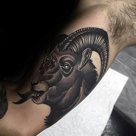 Manly Black And Grey Inner Arm Male Ram Tattoo Design Ideas