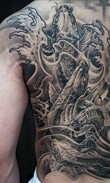 Manly Black And Grey Koi Fish Tattoo On Back