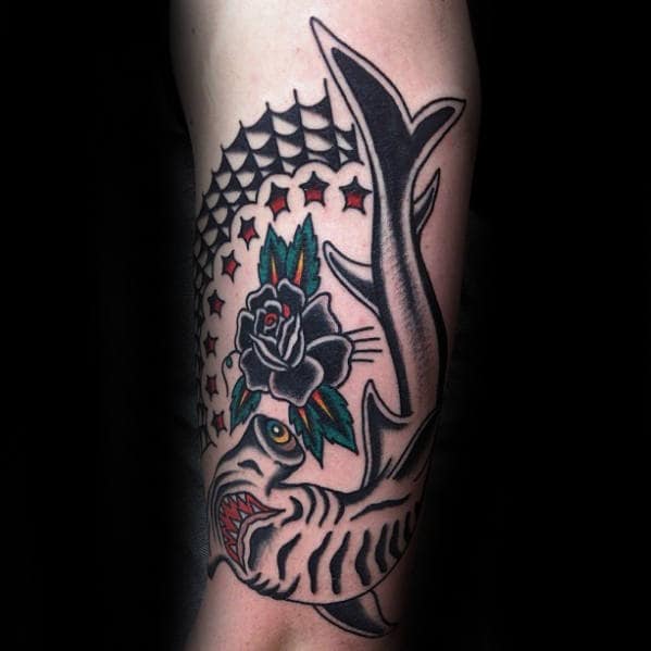 manly-black-hammerhead-traditional-shark-mens-leg-tattoos