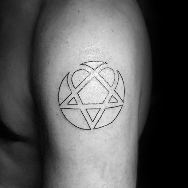 Manly Black Ink Outline Heartagram Tattoos For Males On Upper Arm