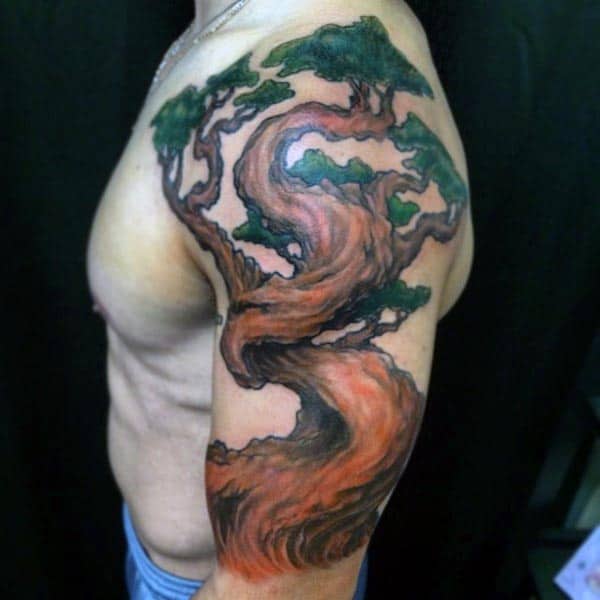 Manly Bonsai Tree Half Sleeve Guys Tattoo Ideas