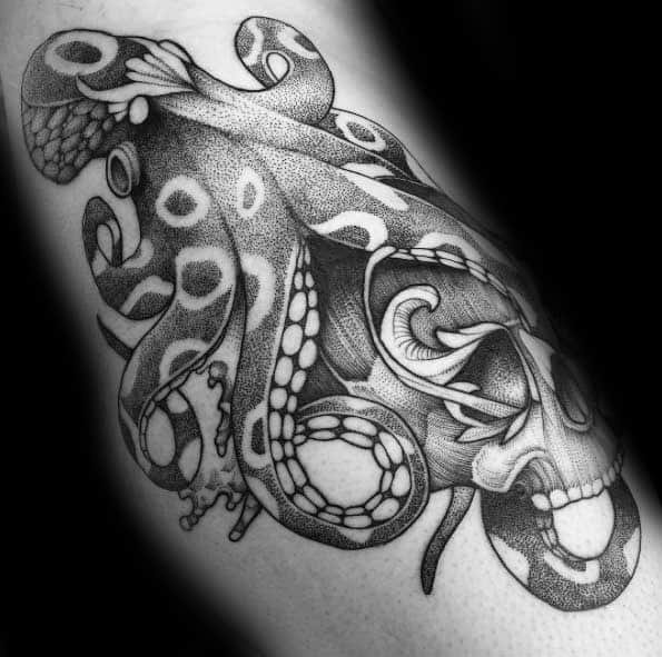 Manly Dotwork Arm Octopus Skull Tattoo Design Ideas For Men