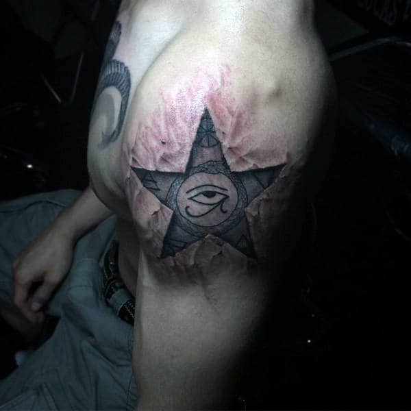 Manly Eye Of Horus 3d Star Upper Arm Tattoo Design Inspiration