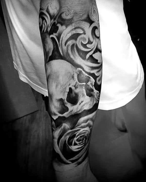 Manly Forearm Sleeve Tattoo Of Filigree Skull And Rose Flower For Guys