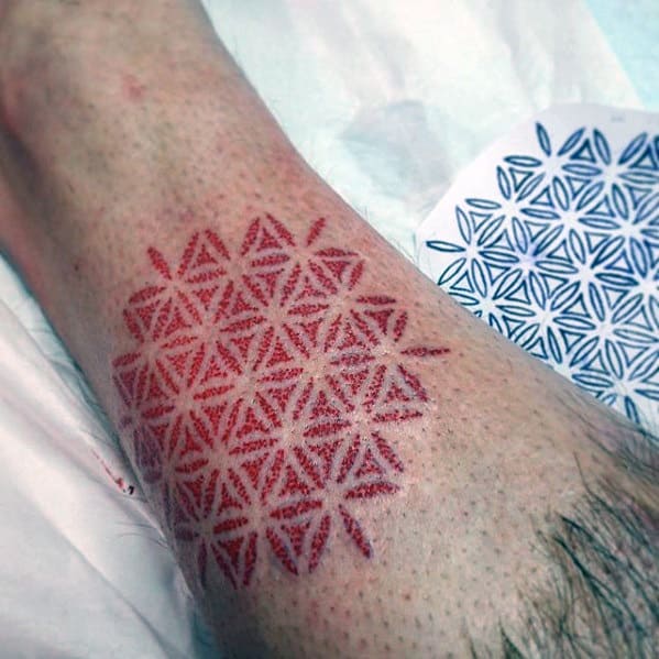 Manly Geometric Red Ink Flower Of Life Small Leg Tattoo Design Ideas For Men