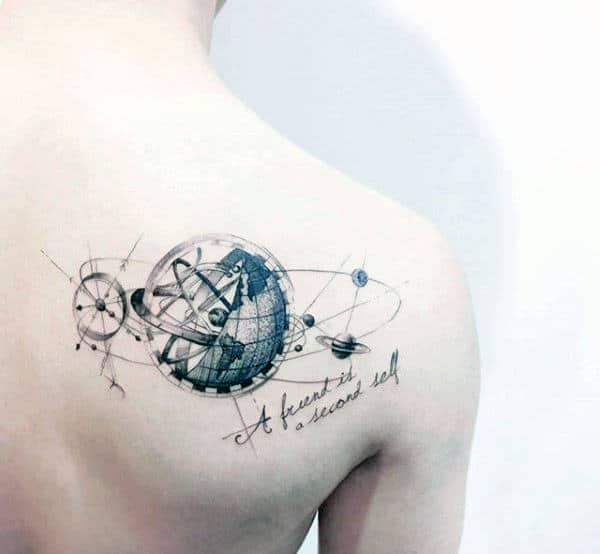 Manly Globe Solar System Guys Shoulder Tattoo Designs