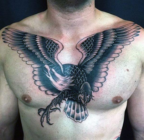 Manly Guys Black And Grey Ink Shaded Old School Tattoo Design Of Eagle On Chest