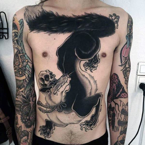 Manly Guys Black Ink Kitsune Fox Full Chest Tattoos
