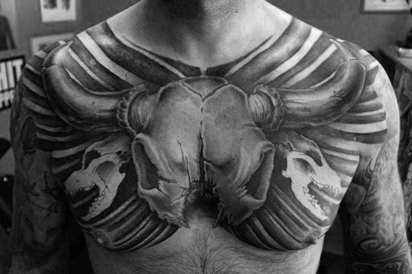 Manly Guys Bull Skull Chest Tattoo Designs