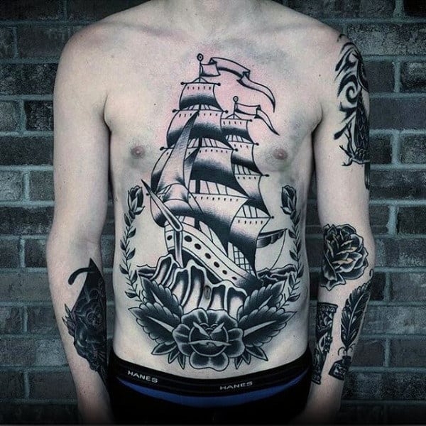 Manly Guys Full Chest Old School Traditional Ship Tattoo