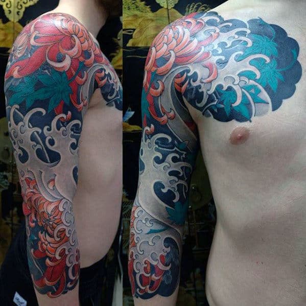 Manly Guys Half Sleeve Japanese Flower And Water Tattoos